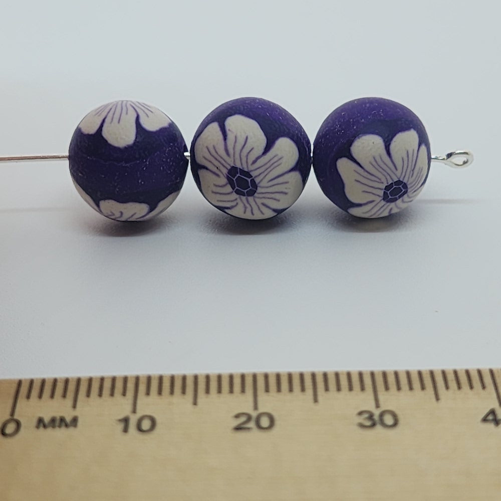 12mm Round Fimo Beads (10) - White Single Flowers on Purple
