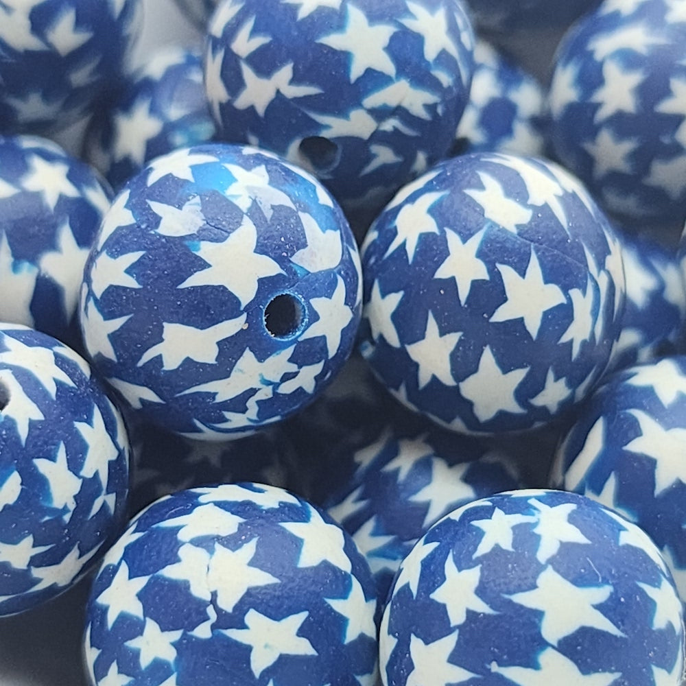 12mm Round Fimo Beads (10) - White Stars on Blue