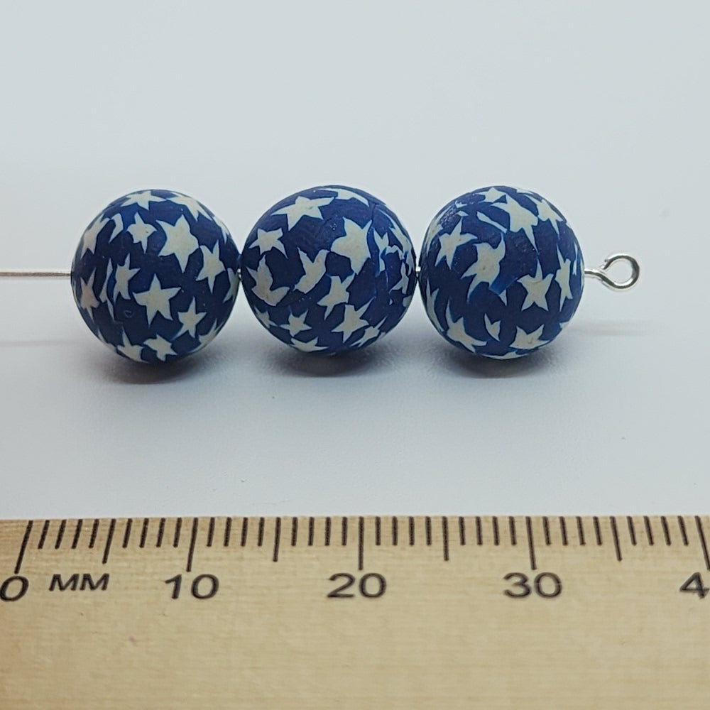 12mm Round Fimo Beads (10) - White Stars on Blue