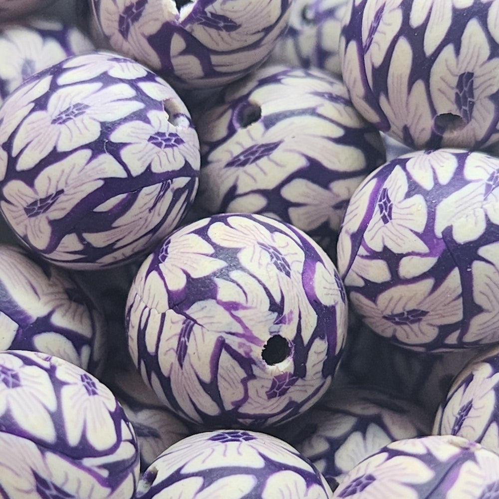 12mm Round Fimo Beads (10) - White Flowers on Purple