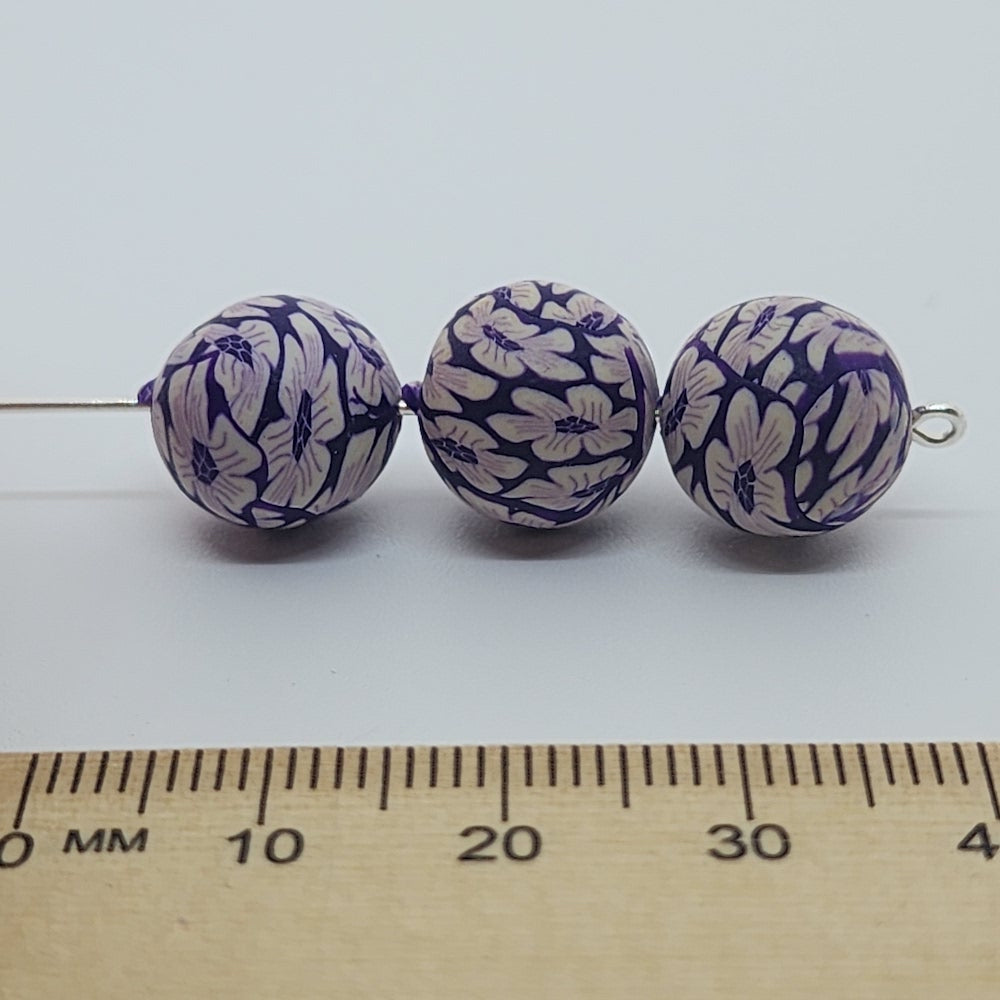 12mm Round Fimo Beads (10) - White Flowers on Purple