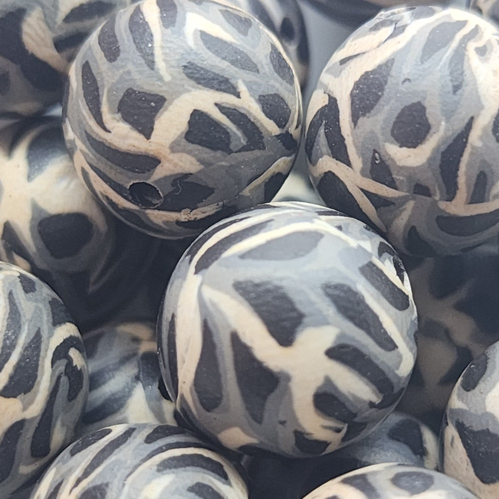 12mm Round Fimo Beads (10) - Grey Animal Print