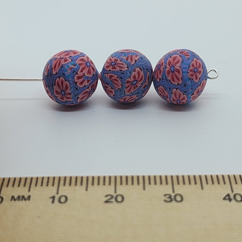 12mm Round Fimo Beads (10) - Flower Pink w. Blue Surrounds