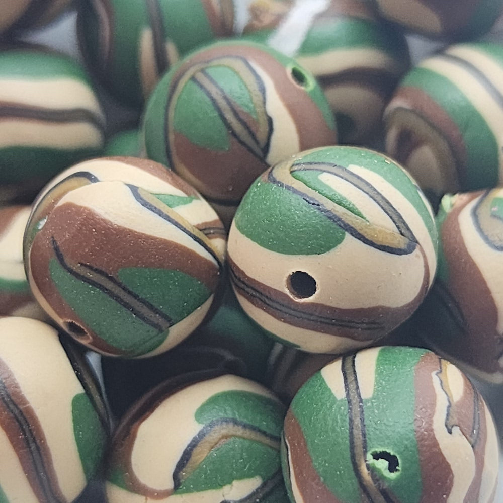 12mm Round Fimo Beads (10) - Camouflage Green/Brown