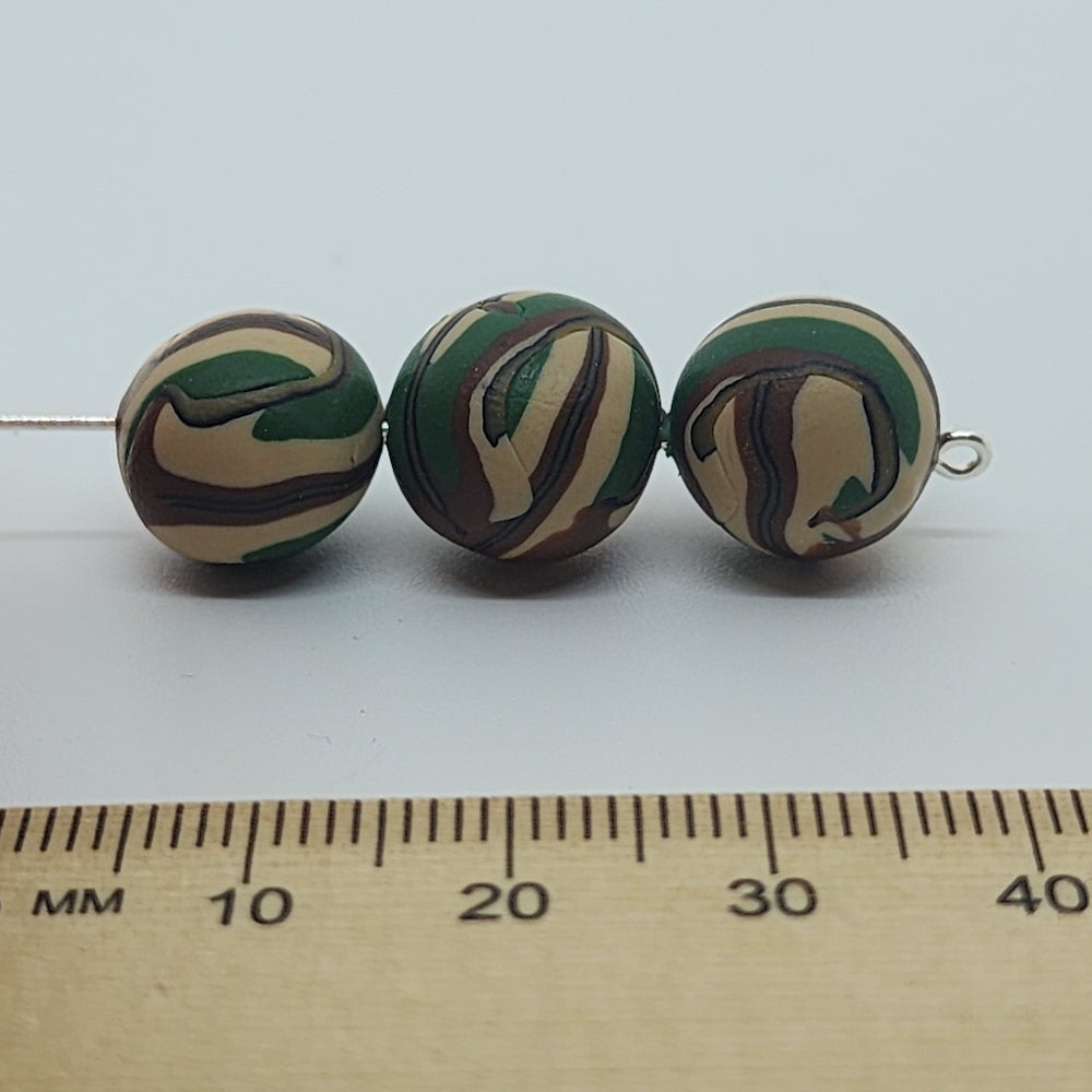 12mm Round Fimo Beads (10) - Camouflage Green/Brown