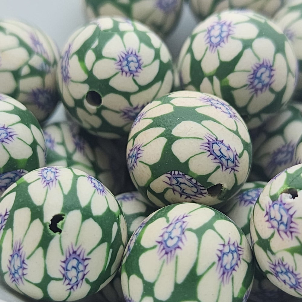 12mm Round Fimo Beads (10) - White Purple Flower on Green