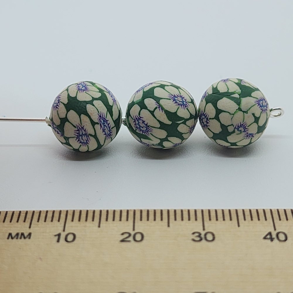 12mm Round Fimo Beads (10) - White Purple Flower on Green