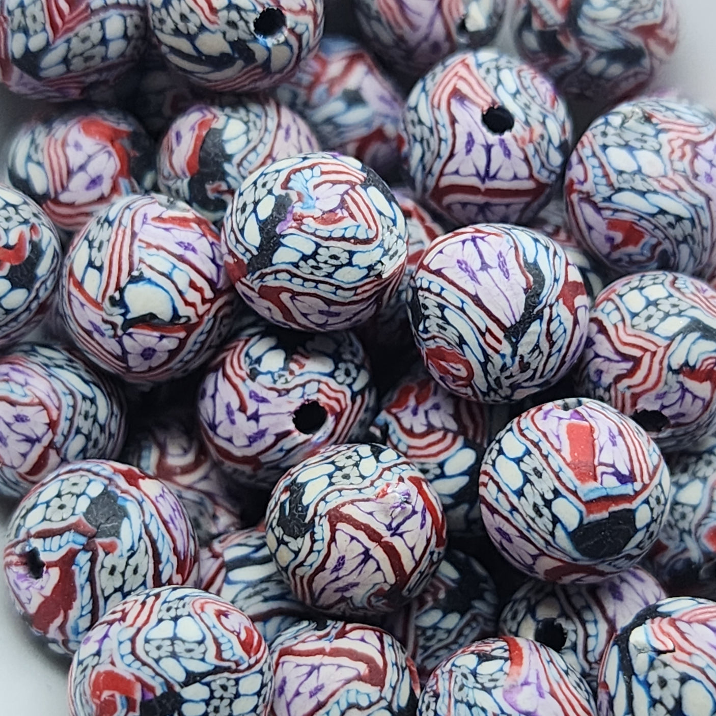 8mm Round Fimo Beads (10) - Stripes w. Flowers