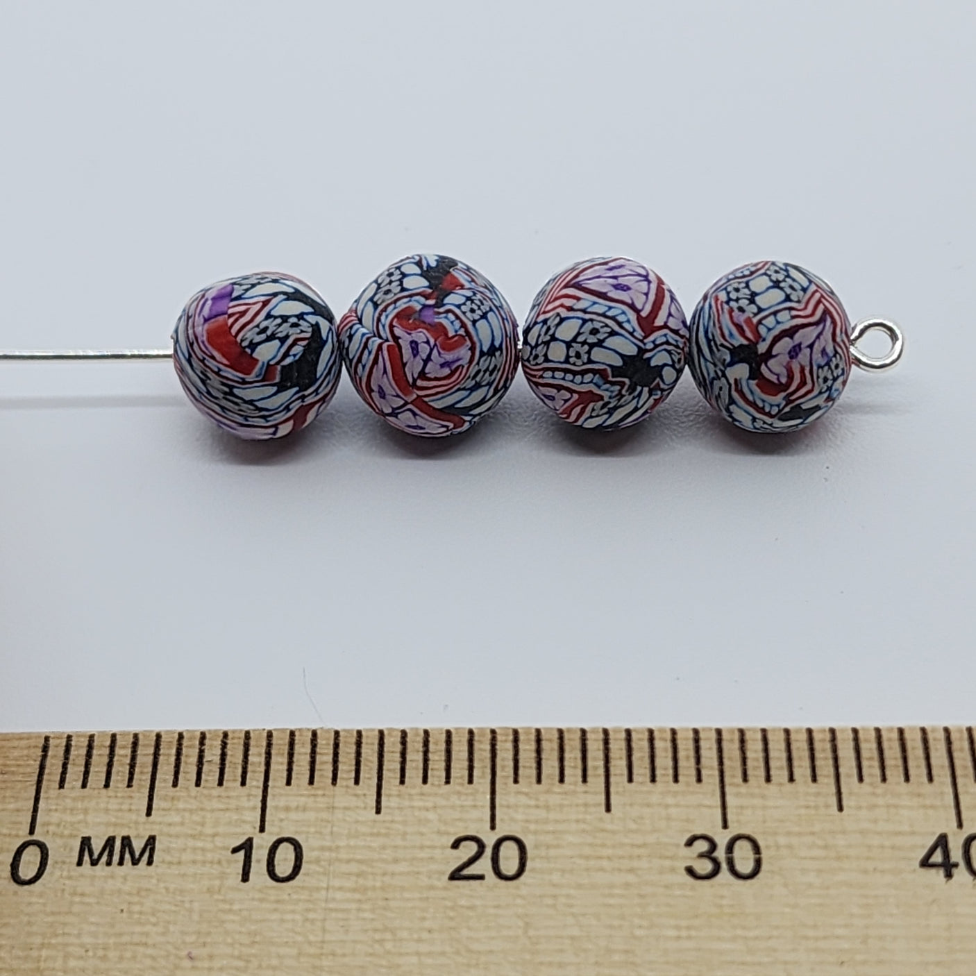 8mm Round Fimo Beads (10) - Stripes w. Flowers