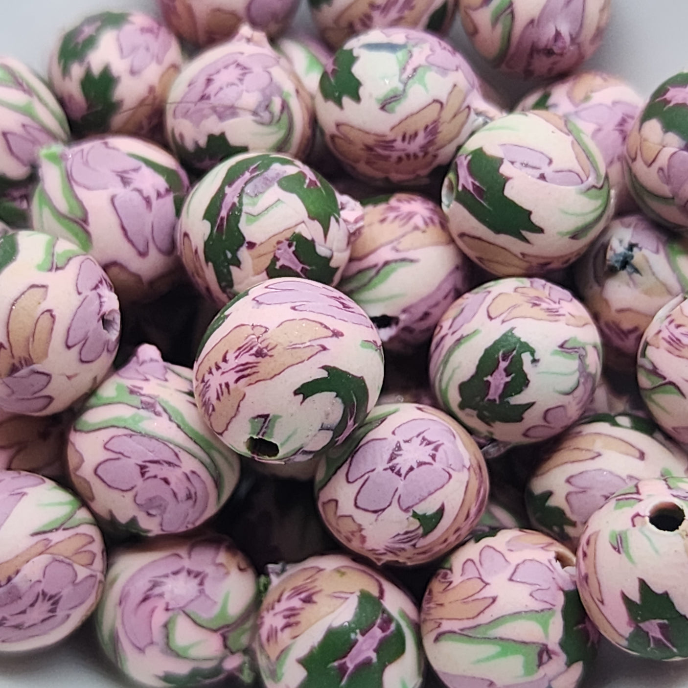 8mm Round Fimo Beads (10) - Pink w. Flowers