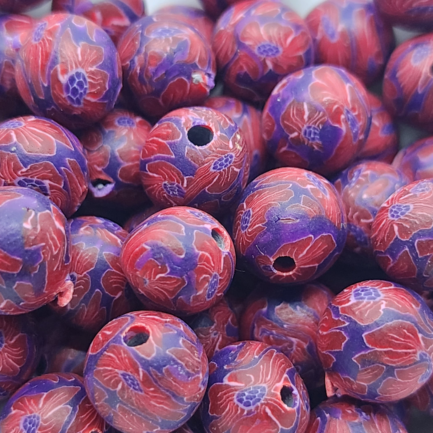 8mm Round Fimo Beads (10) - Red Flowers on Purple