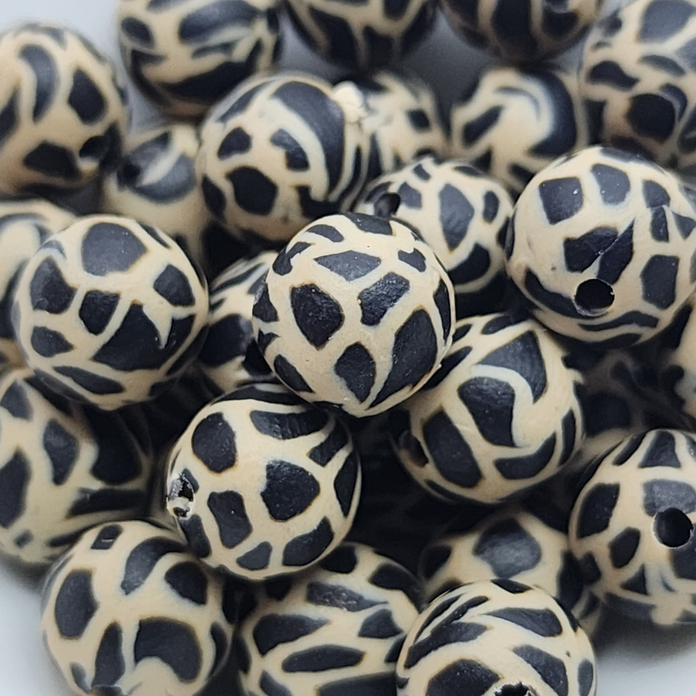 8mm Round Fimo Beads (10) - Animal Print Black