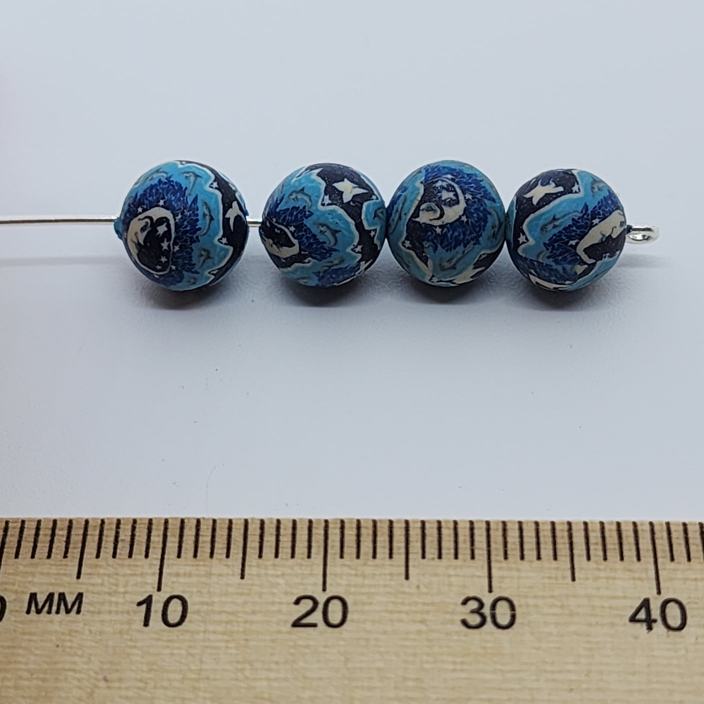 8mm Round Fimo Beads (10) - Moon Face w. Leaping Dolphins & Stars