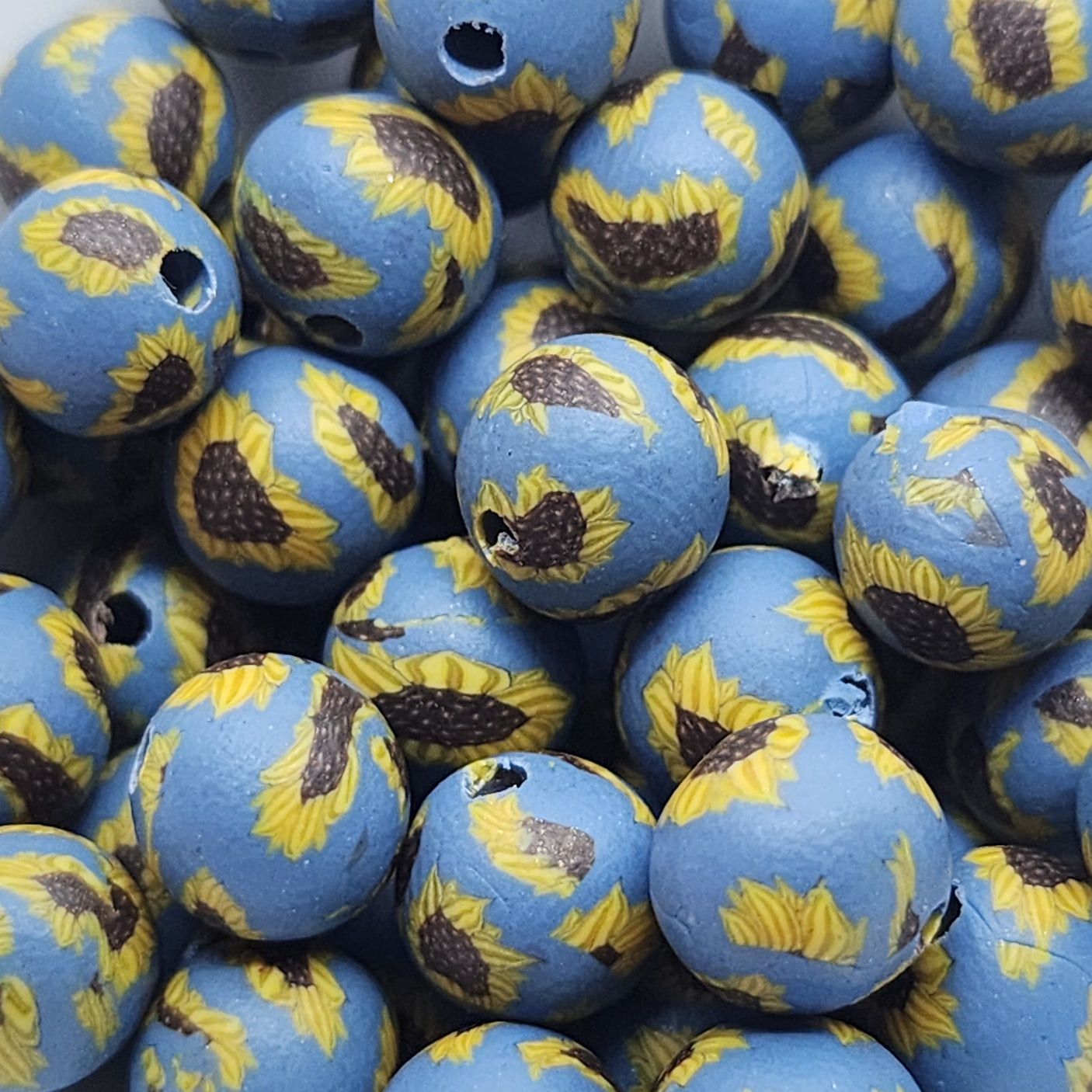 8mm Round Fimo Beads (10) - Sunflower on Blue Background