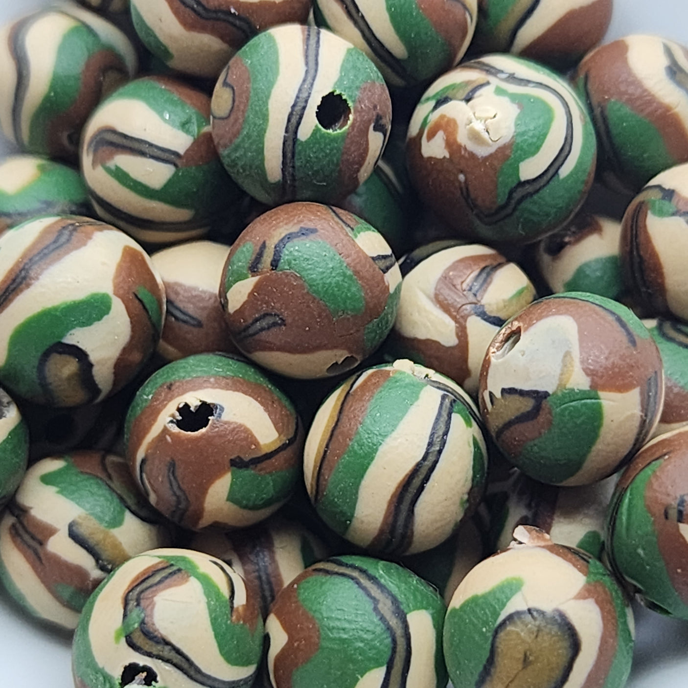 8mm Round Fimo Beads (10) - Camouflage Green/Brown