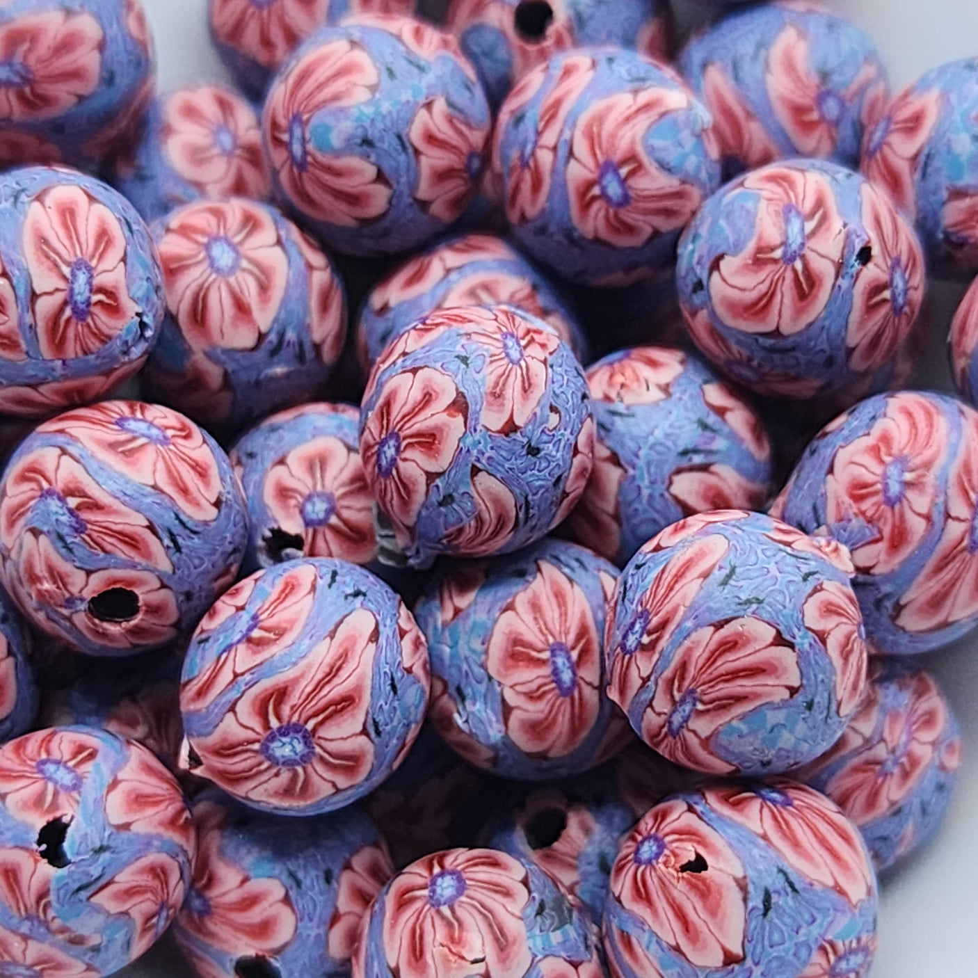8mm Round Fimo Beads (10) - Flower Pink w. Blue Surrounds