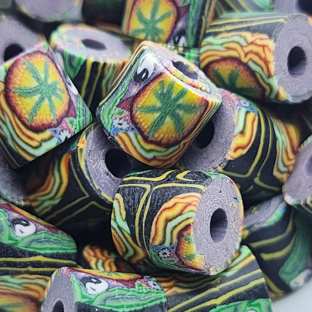 10mm Tube Fimo Beads (10) - Cannabis Leaf w. Yin Yang