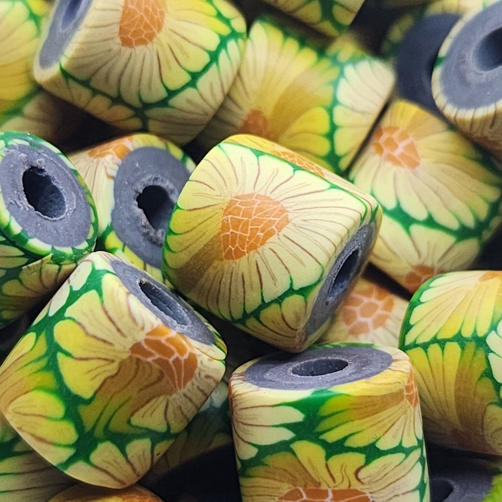 10mm Tube Fimo Beads (10) - Yellow Flower on Green