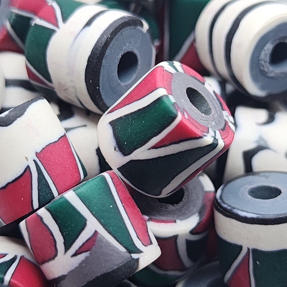10mm Tube Fimo Beads (10) - Red/Green Interlocking Triangles