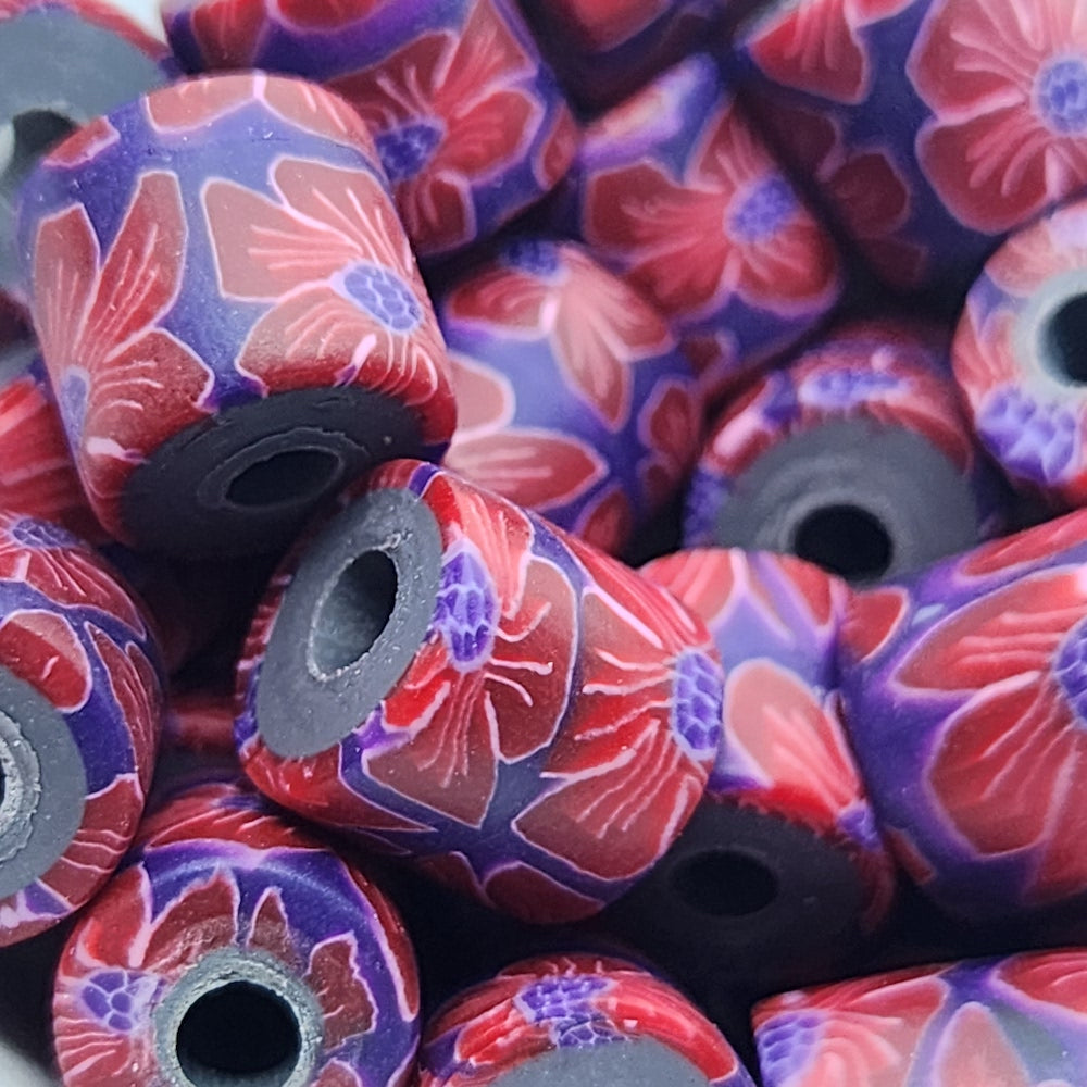 10mm Tube Fimo Beads (10) - Red Flowers on Purple