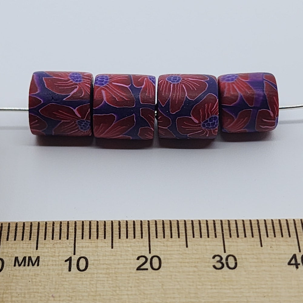 10mm Tube Fimo Beads (10) - Red Flowers on Purple