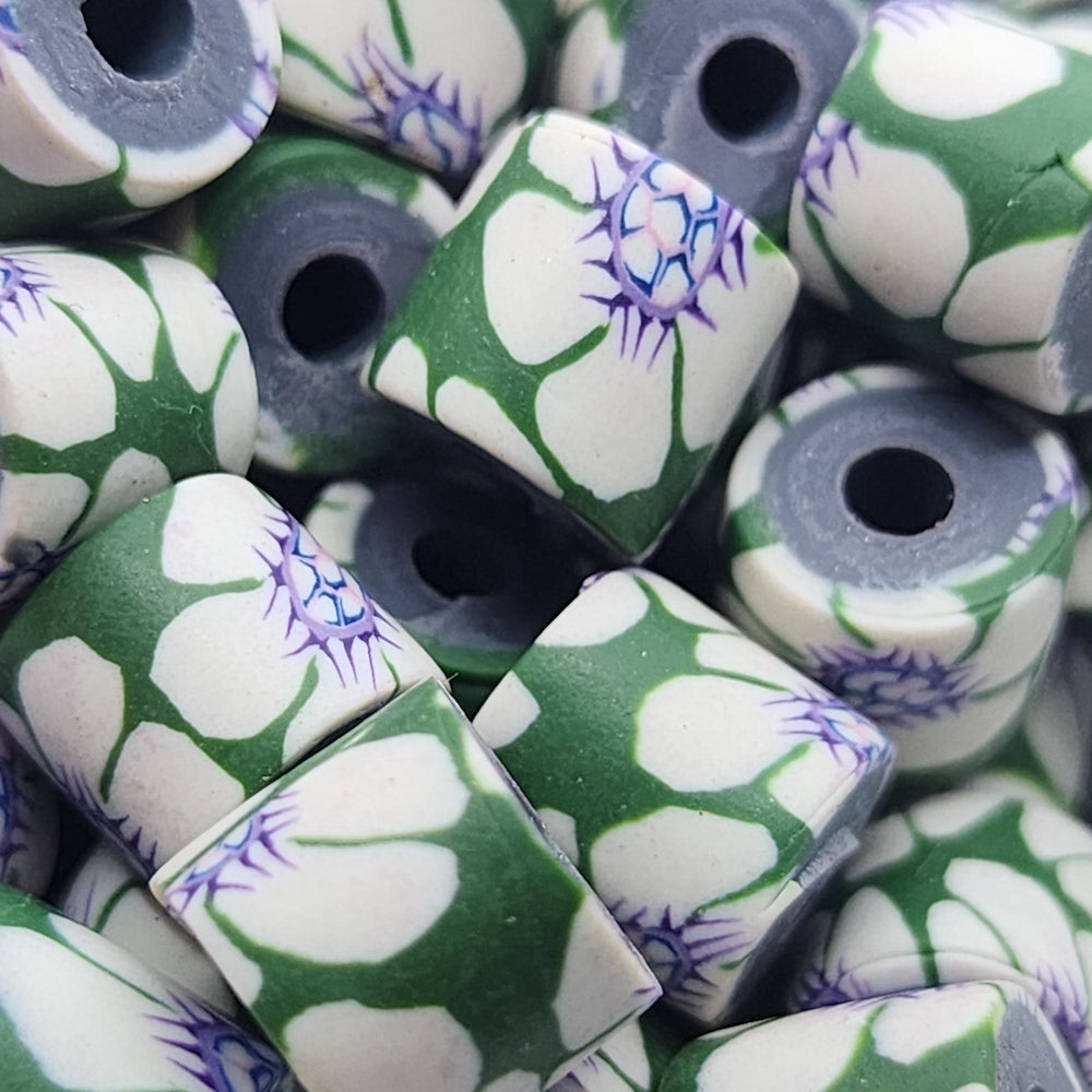 10mm Tube Fimo Beads (10) - White Purple Flower on Green