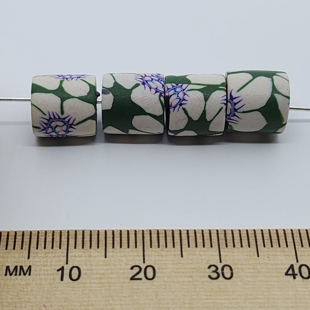 10mm Tube Fimo Beads (10) - White Purple Flower on Green