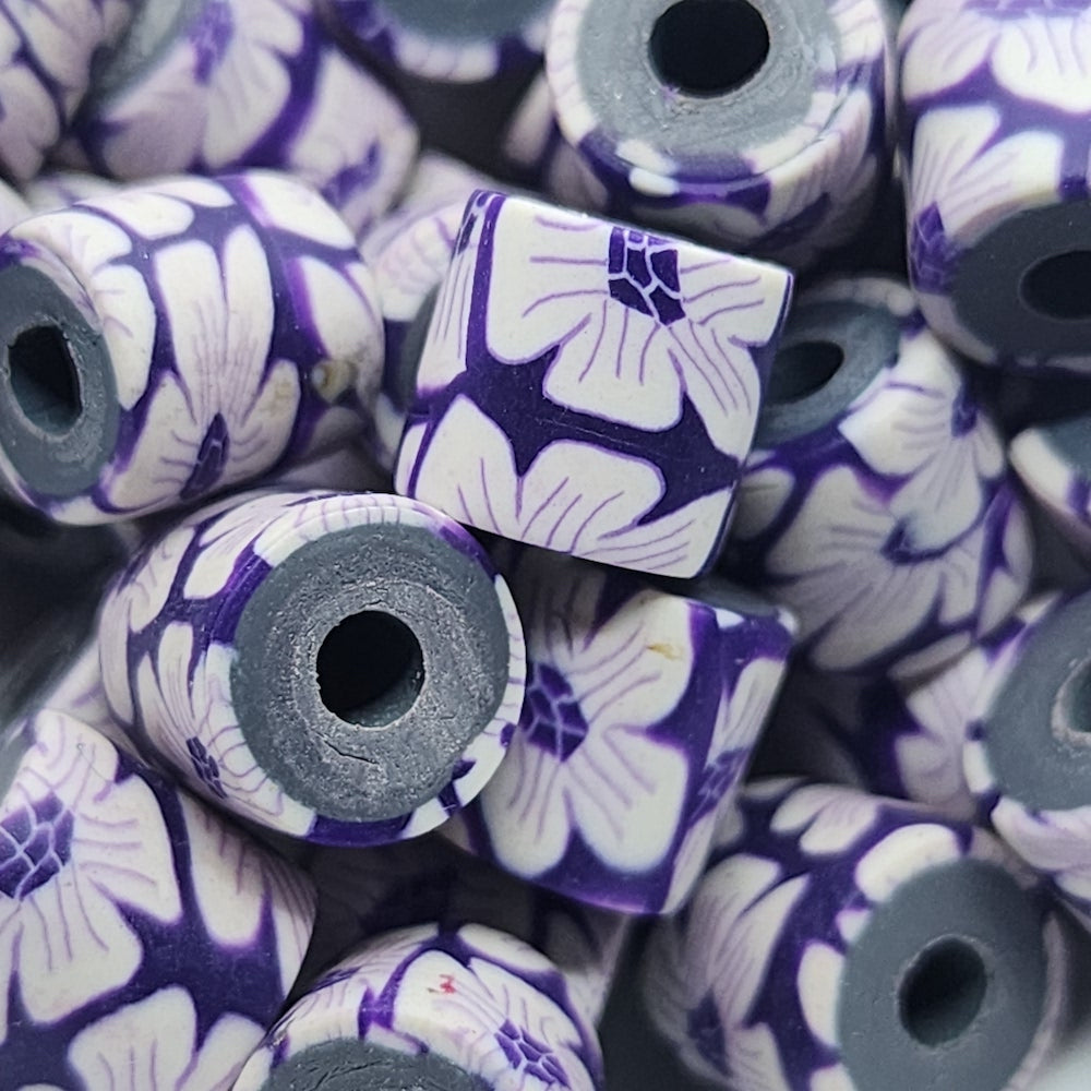 10mm Tube Fimo Beads (10) - White Single Flowers on Purple
