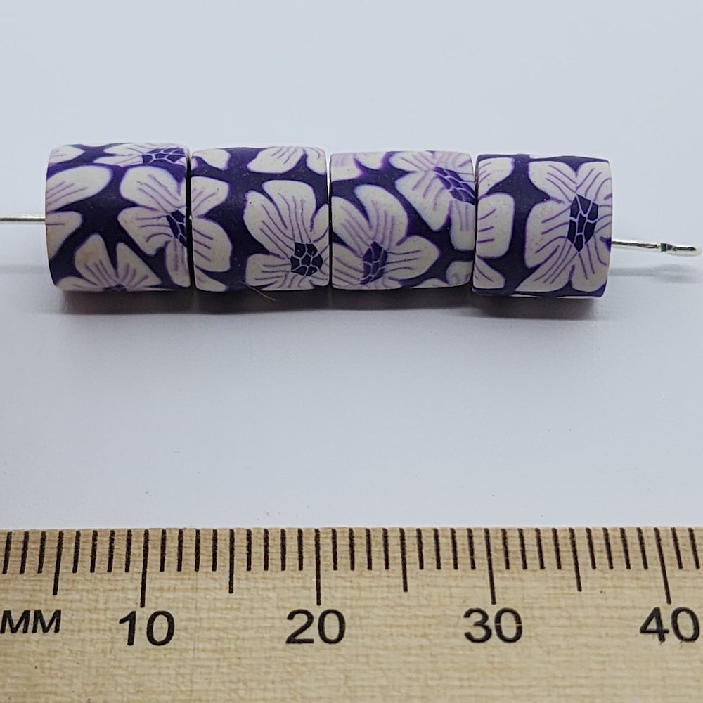 10mm Tube Fimo Beads (10) - White Single Flowers on Purple