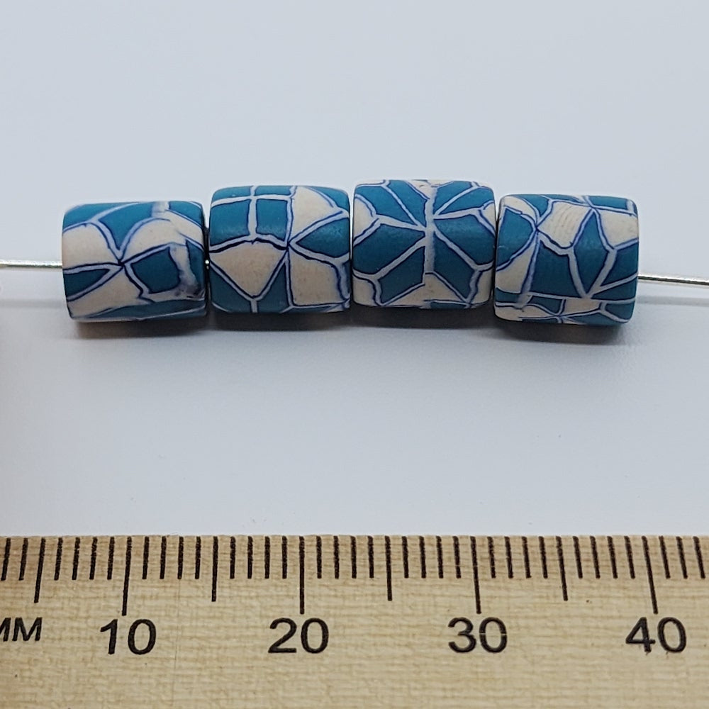 10mm Tube Fimo Beads (10) - Turquoise w. White Patterns