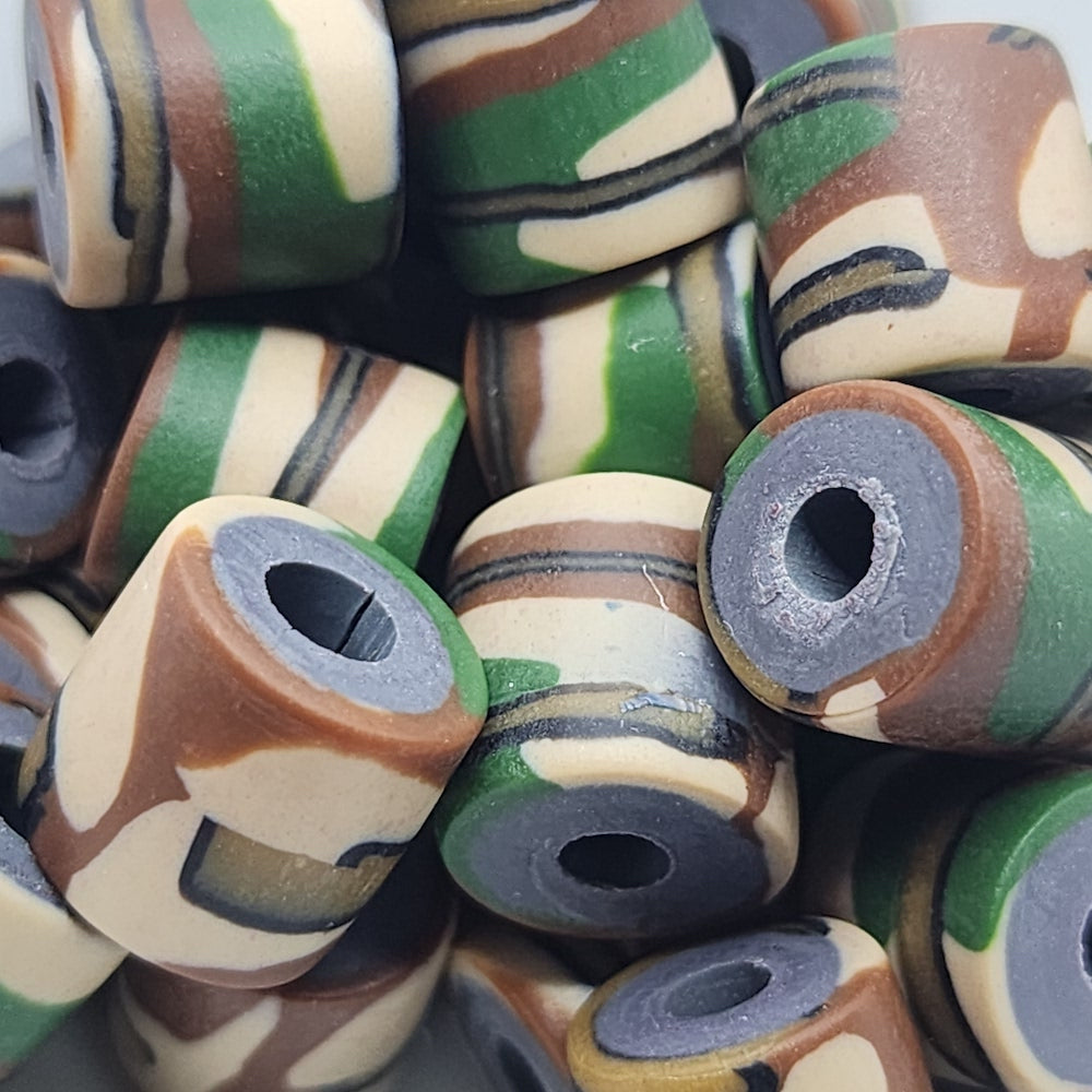 10mm Tube Fimo Beads (10) - Camouflage Green/Brown