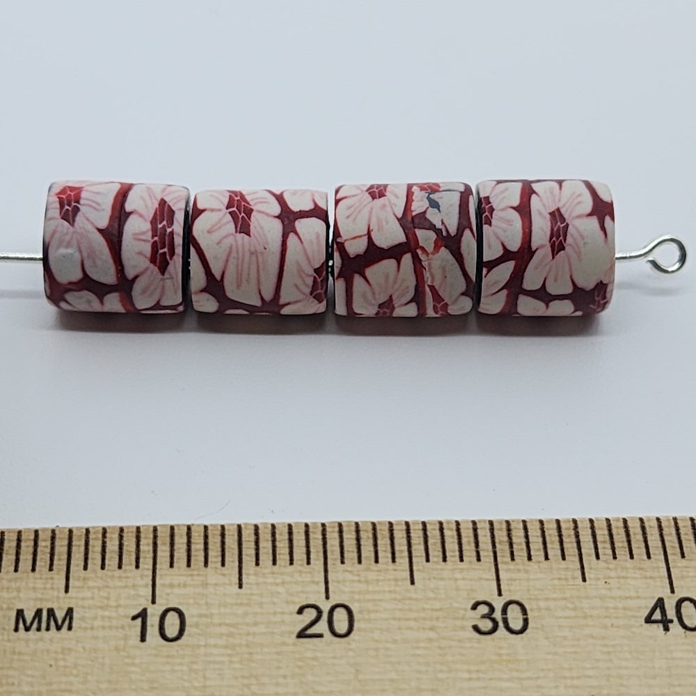 10mm Tube Fimo Beads (10) - White Flowers on Red