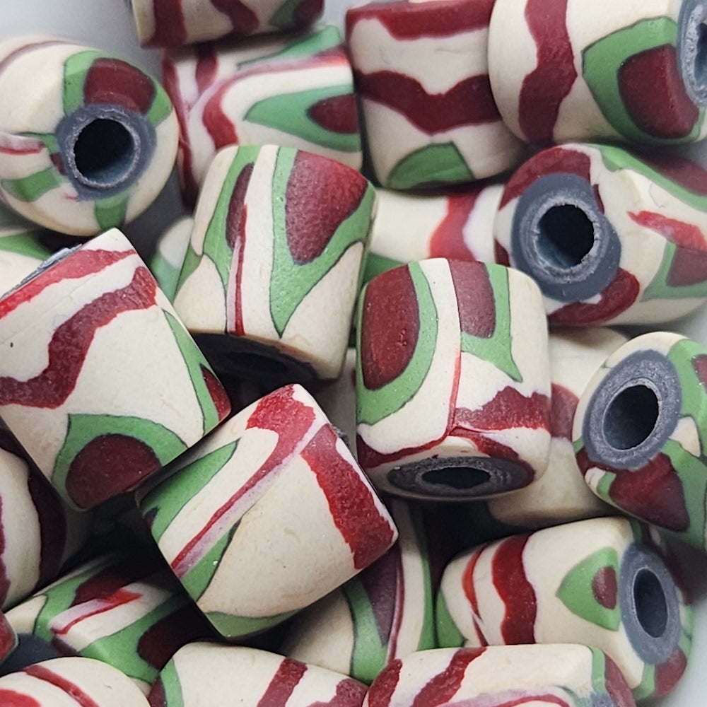 10mm Tube Fimo Beads (10) - Camouflage Green/Cream/Red