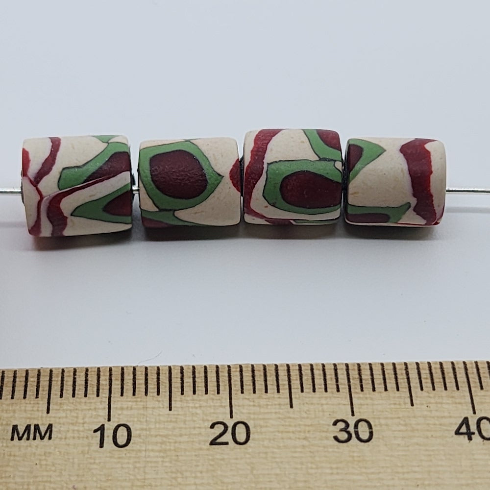 10mm Tube Fimo Beads (10) - Camouflage Green/Cream/Red