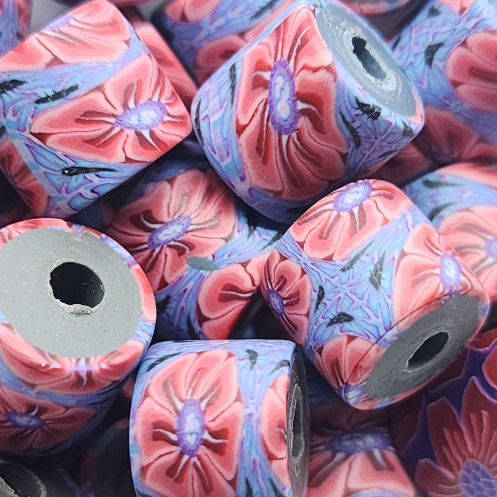 10mm Tube Fimo Beads (10) - Flower Pink w. Blue Surrounds
