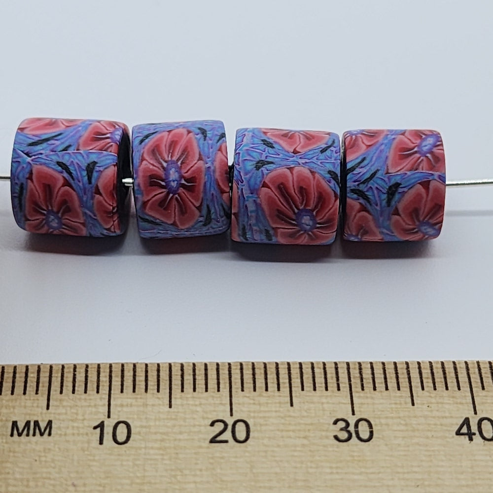 10mm Tube Fimo Beads (10) - Flower Pink w. Blue Surrounds