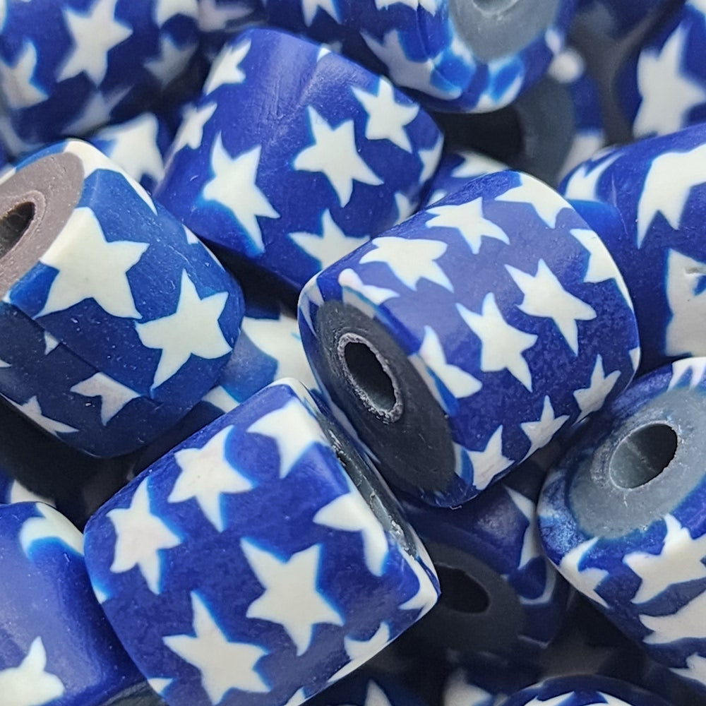 10mm Tube Fimo Beads (10) - White Stars on Blue