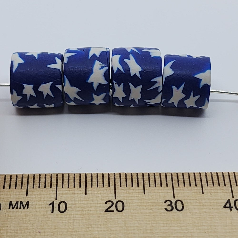 10mm Tube Fimo Beads (10) - White Stars on Blue