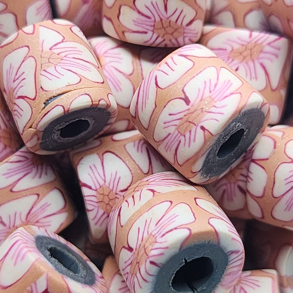 10mm Tube Fimo Beads (10) - White Flower on Pink