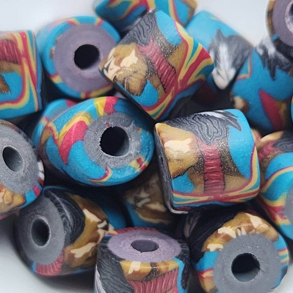 10mm Tube Fimo Beads (10) - Indian Face w. Feathers in Hair