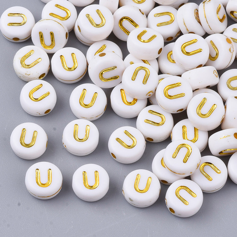 Alphabet Letter Beads (White/Gold) - U