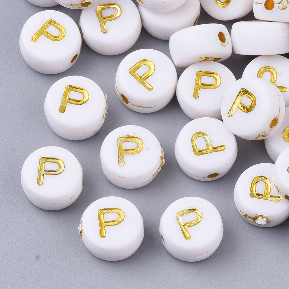 Alphabet Letter Beads (White/Gold) - P