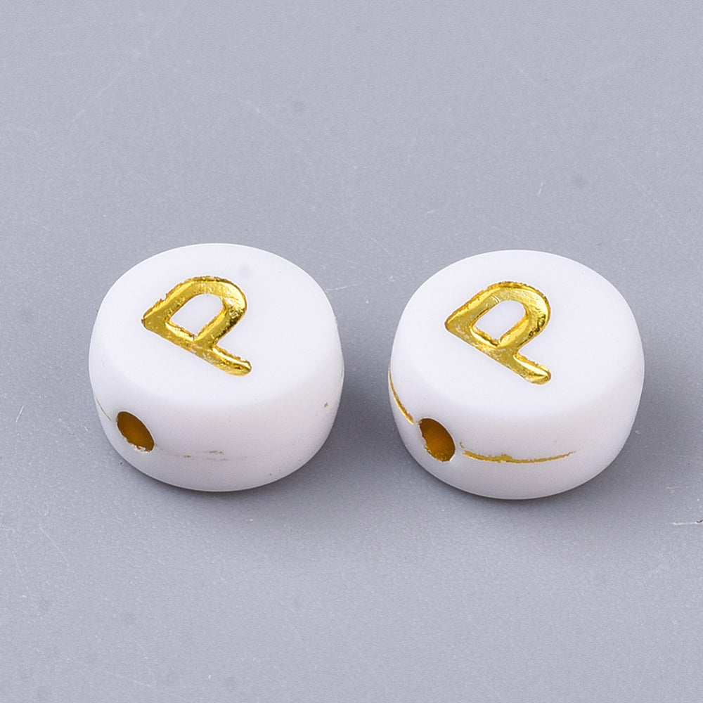 Alphabet Letter Beads (White/Gold) - P