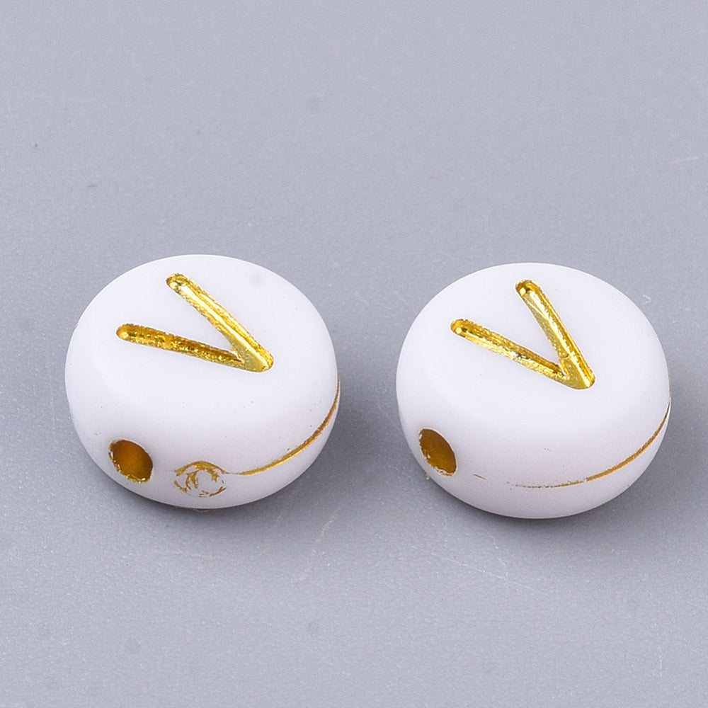 Alphabet Letter Beads (White/Gold) - V