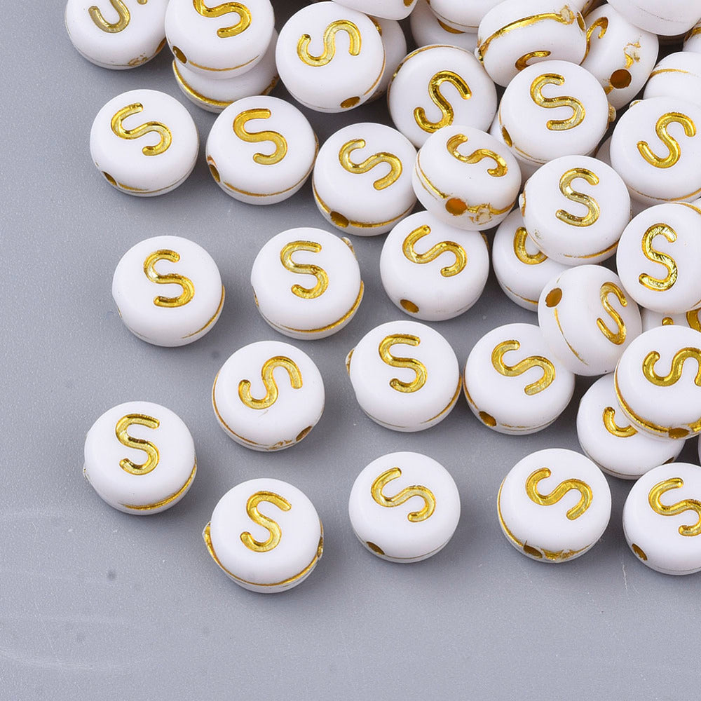 Alphabet Letter Beads (White/Gold) - S