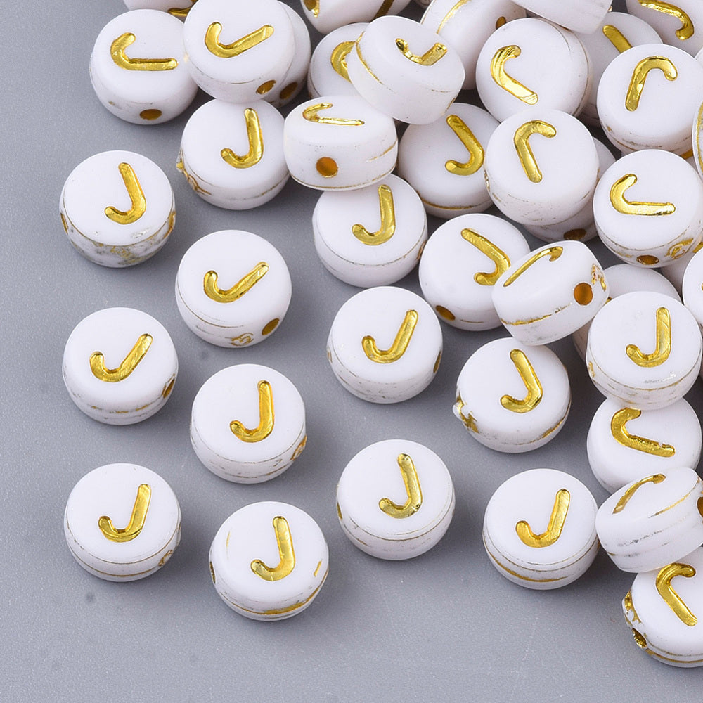 Alphabet Letter Beads (White/Gold) - J