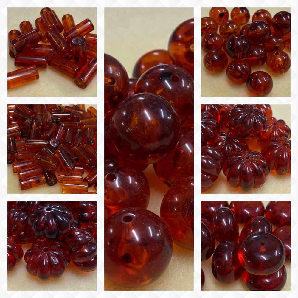 a collage of different shaped amber beads on a cream background