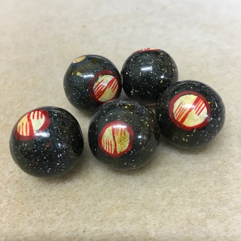 Lacquered Wood 22mm Round Bead - Black Patterned - Bead Shack