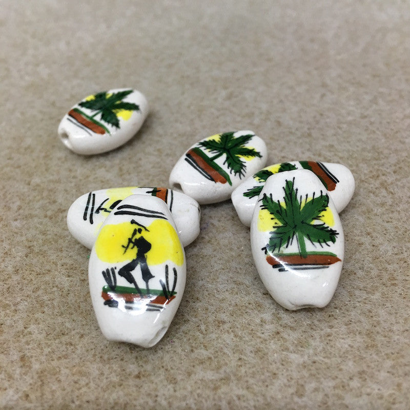 23x15mm Oval (5) - Peasant Man - Ceramic Hand Painted Vintage Beads
