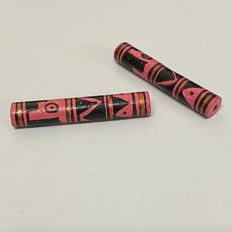 28x4mm Tube (5) - Terracotta Hand Painted Vintage Beads